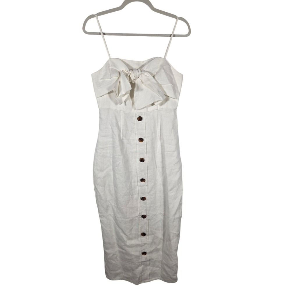 Shona Joy White Coastal Chic 100% Linen Bow Front Button Down Midi Dress Size 4
